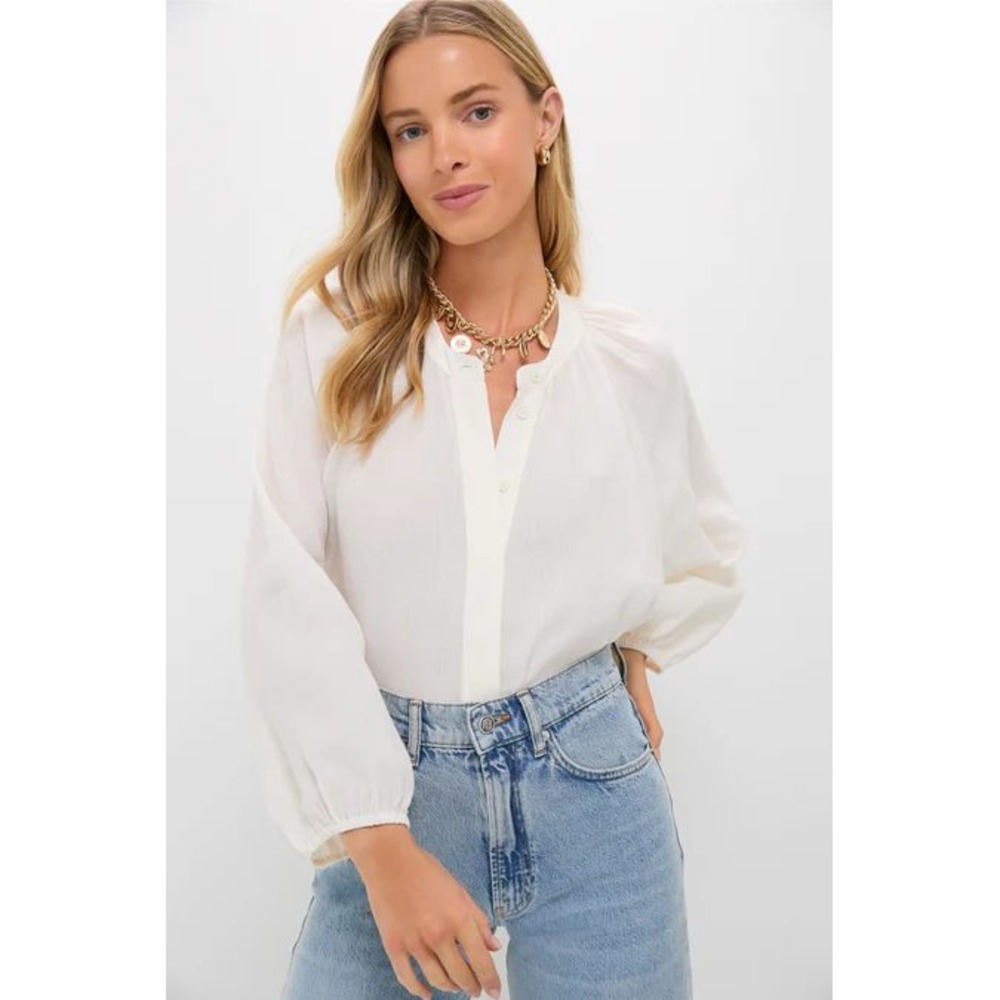 Tuckernuck Cream Sawyer Blouse 100% Ramie Puff Sleeve Top Small NEW